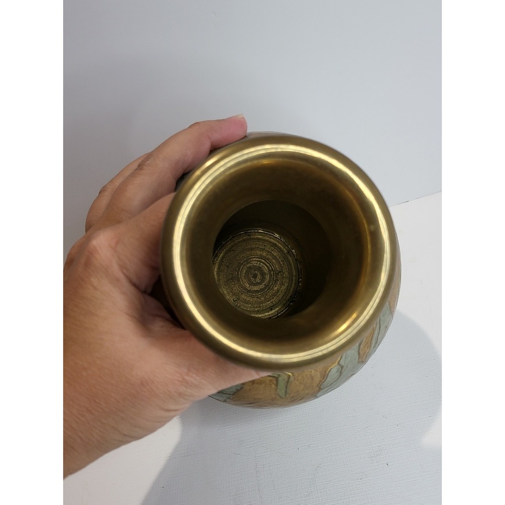 Vintage Brass Floral Vase Hand Painted Enamel Etched Made in India Boho Decor - Picture 6 of 10